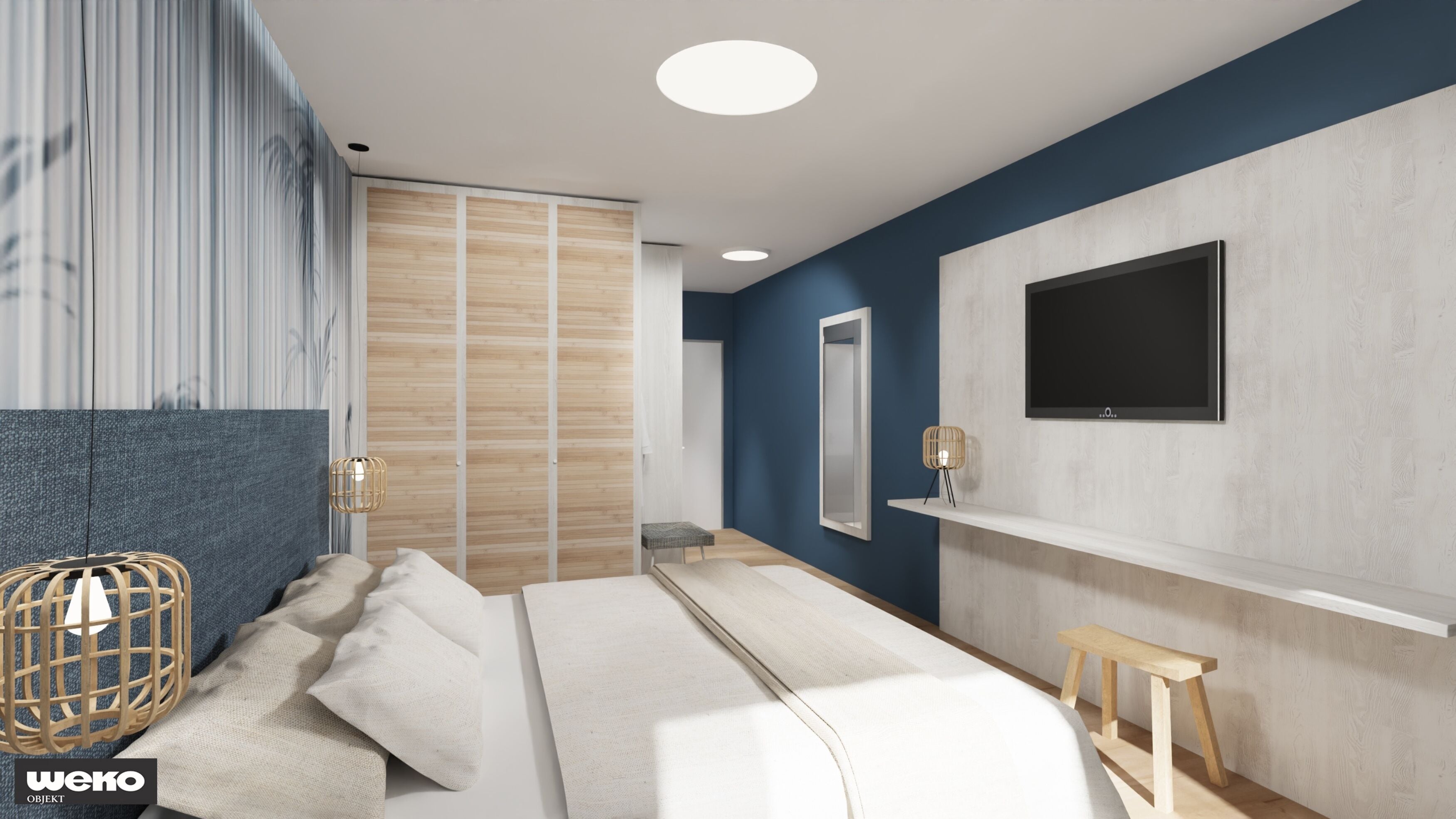 Une chambre à coucher moderne avec un lit, des tables de chevet, un miroir et un téléviseur fixé au mur.