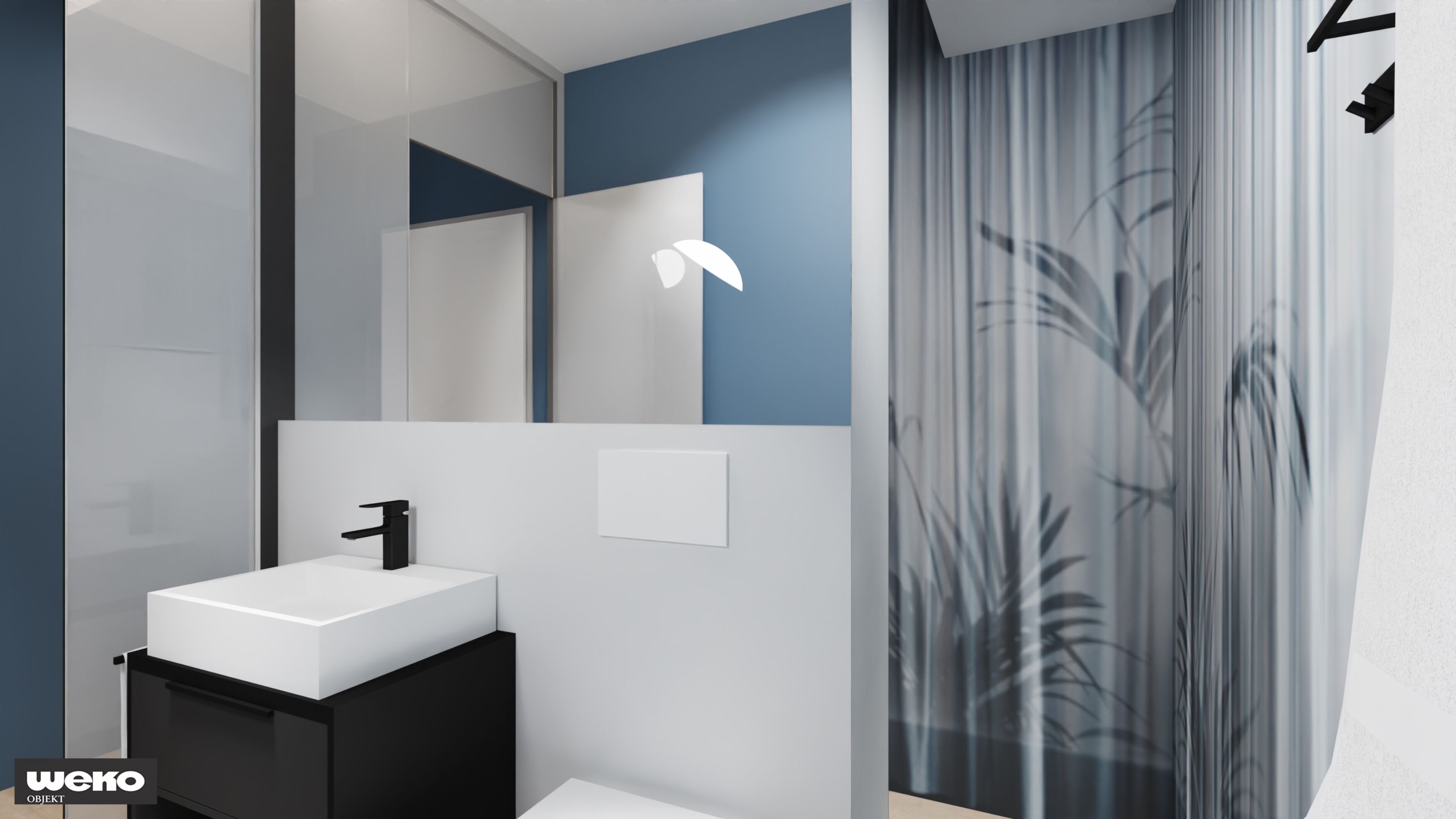 A modern bathroom with a white sink, black cabinet, and a large mirror.