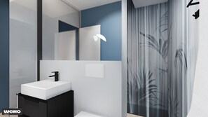 Bay Side Zimmer | Bathroom | Shower, eco-friendly toiletries, hair dryer, towels