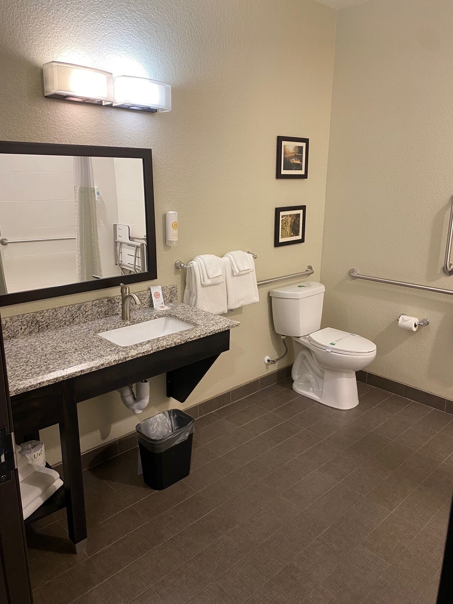 Ein Badezimmer mit Marmorwaschtisch, Toilette, Mülleimer, Handtuchhalter und Duschbereich.