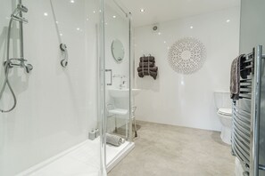 A modern bathroom with a glass-enclosed shower, a white sink, and a toilet.