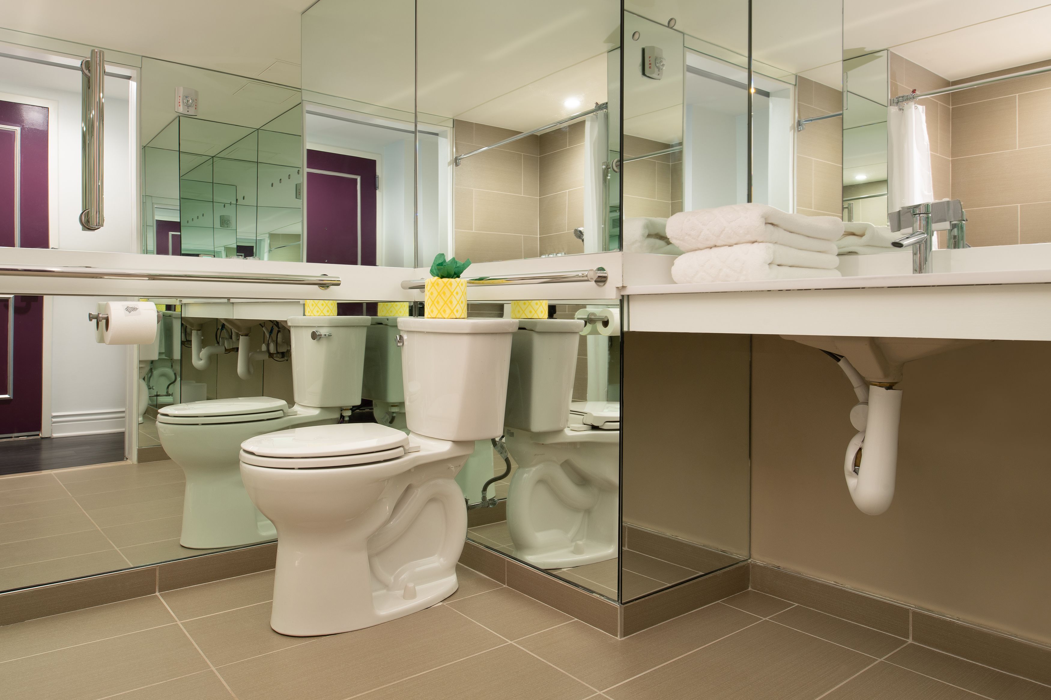 designer toiletries, hair dryer, bathrobes, towels