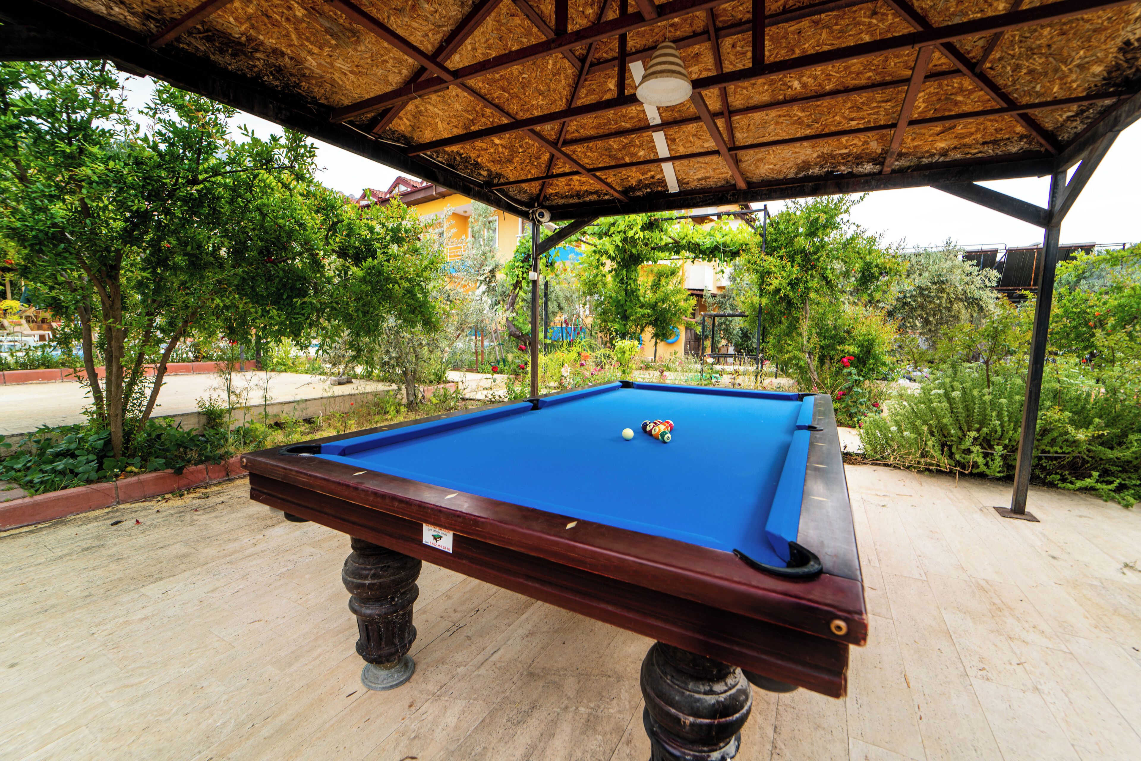An outdoor pool table with a blue felt surface, surrounded by greenery and a thatched roof structure.