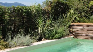 Ein Schwimmbecken mit klarem Wasser, umgeben von üppiger Vegetation und einem Holzzaun.