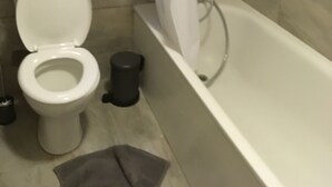 A bathroom with a toilet, a small window with a plant, and a bathtub. - Kingswood Apartment (London)