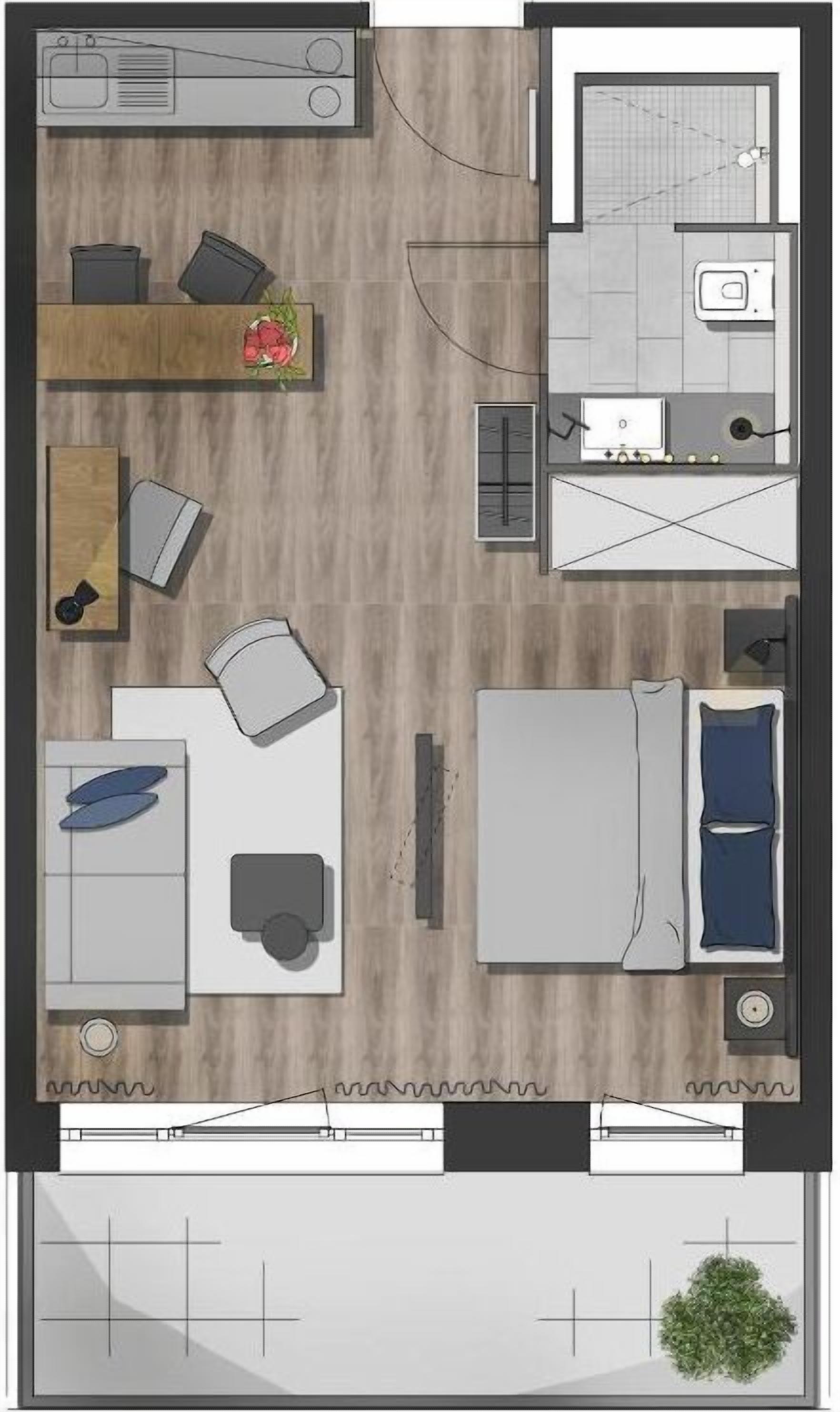 Overzicht vanuit de hoogte van een hotelkamer met een bed, een bureau, een stoel, een kleine tafel met een plant, een bank en een raam.
