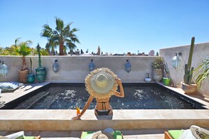 A rooftop swimming pool with a person in a bikini, surrounded by potted plants and decorative lanterns.