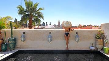 Outdoor pool, pool umbrellas, pool loungers