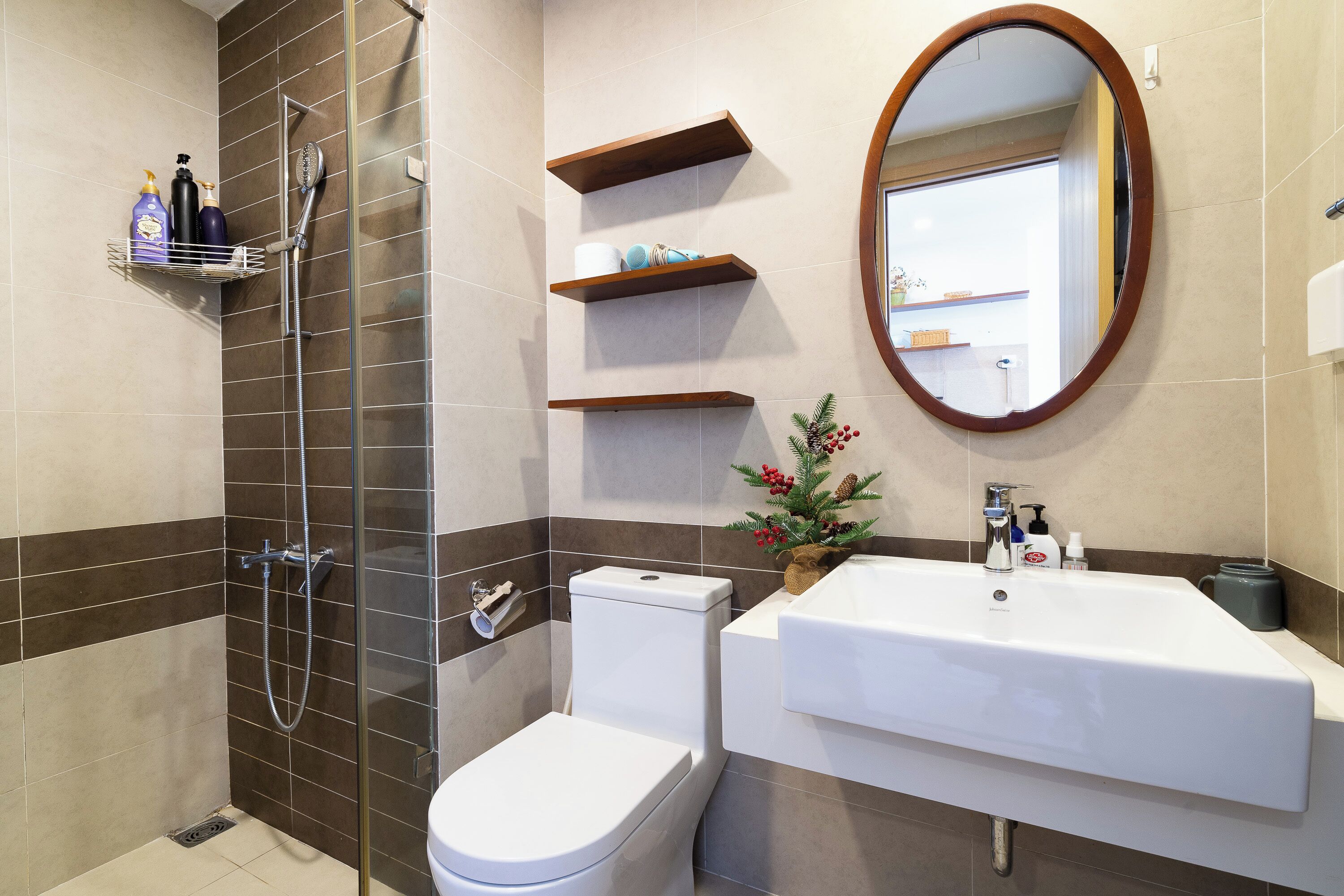 A modern bathroom with a shower, toilet, and sink, featuring a mirror, shelves, and a small plant.