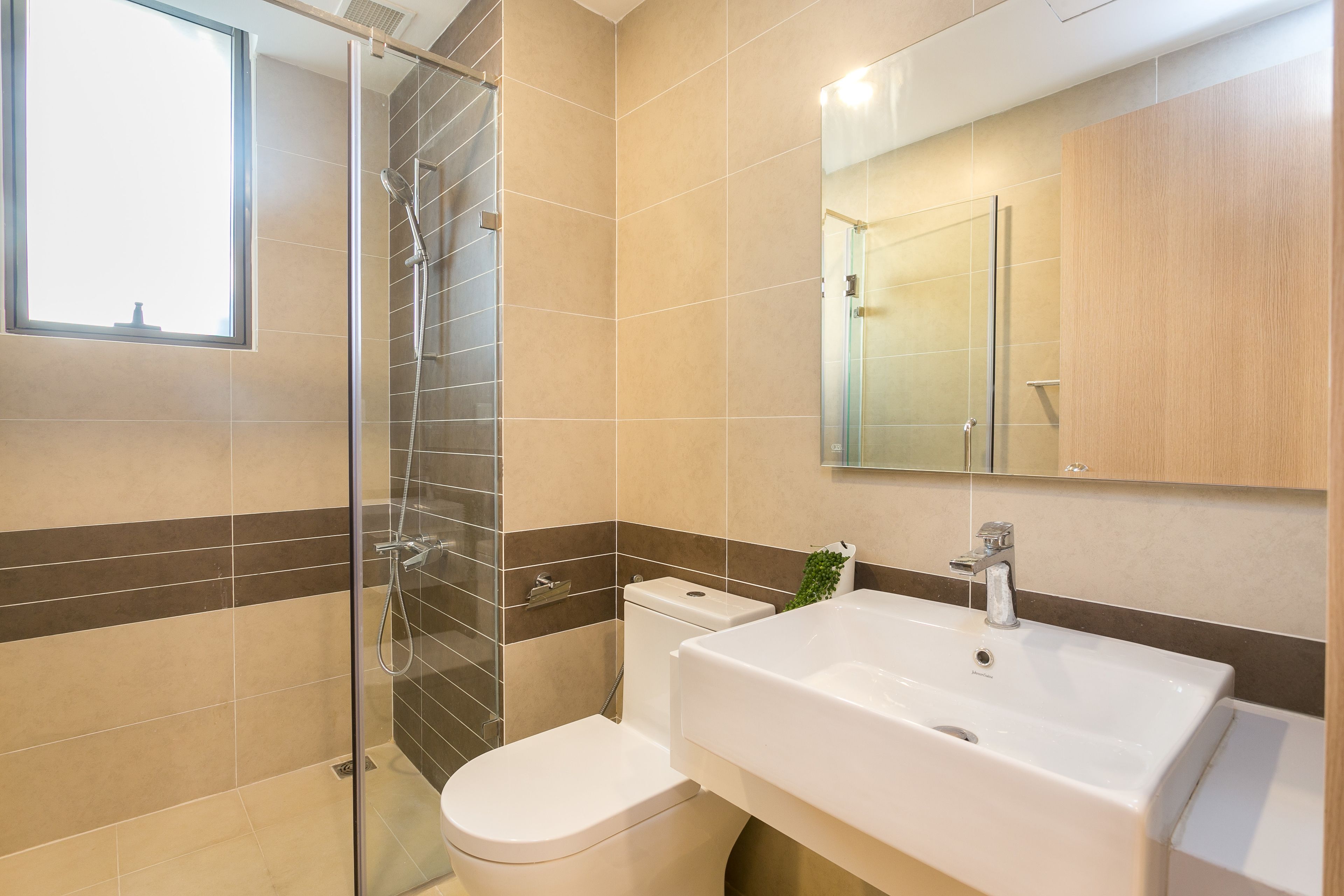 A modern bathroom with a glass shower enclosure, a toilet, and a sink with a mirror above it.