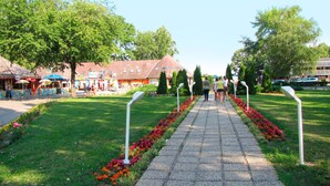 A paved pathway lined with red flowers, leading to a building with a red roof and a sign that reads "BINI". - Happy Camp mobile homes in Füred Camping (Balatonfured)