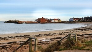 A coastal scene with a sandy beach, a rocky outcrop, and buildings along the shore. - Tensea -charming 3-bed Apartment in North Berwick (North Berwick)