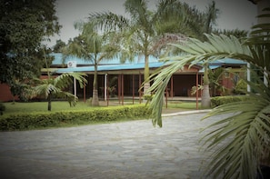 A building with a blue roof, surrounded by palm trees and a paved courtyard.