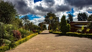 A paved pathway leading to a building with a covered entrance, surrounded by lush greenery and trees. - Dream Valley Park & Lodge (Lusaka)