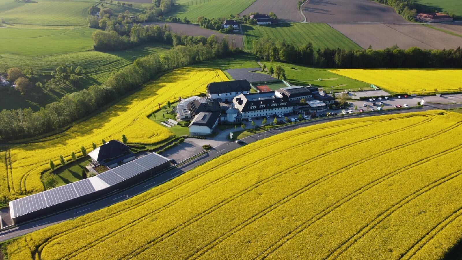 Vista aérea de uma fazenda com grandes campos de plantações amarelas, um edifício moderno com painéis solares e um estacionamento.