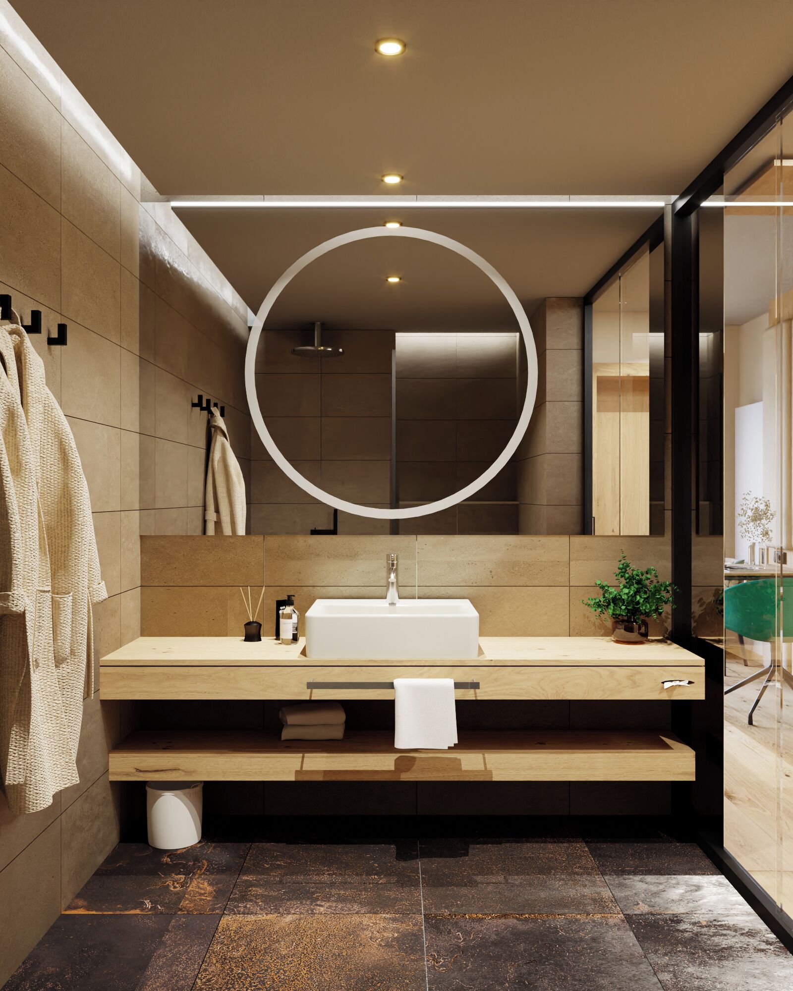 Un baño moderno con un espejo grande, un lavamanos y un banco.