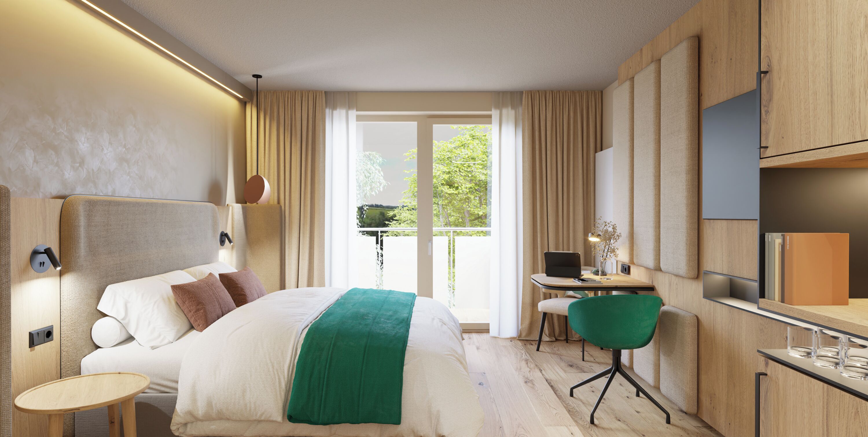 Una habitación de hotel moderna con cama, escritorio, silla y televisión.