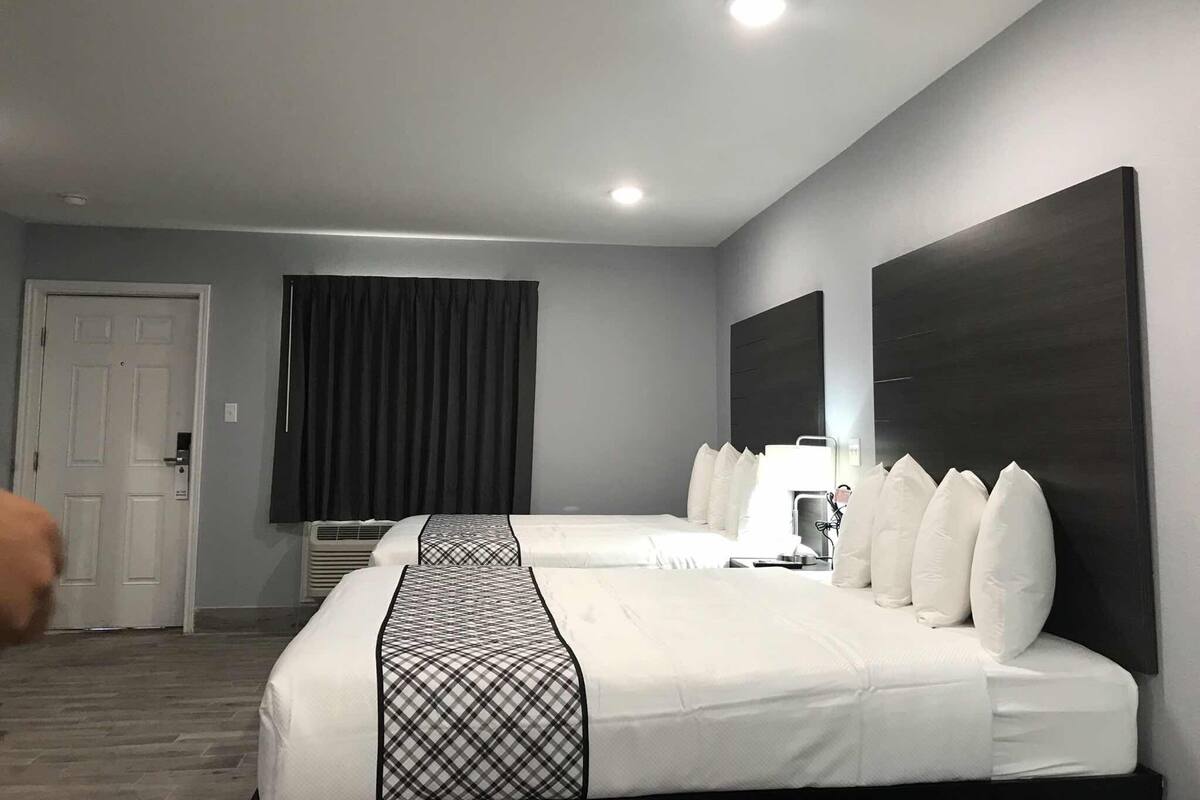 Habitación de hotel con dos camas, un espejo grande, una puerta y una ventana con cortinas.