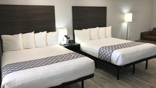 Una habitación de hotel con dos camas, una mesita de noche con una lámpara y una silla marrón.