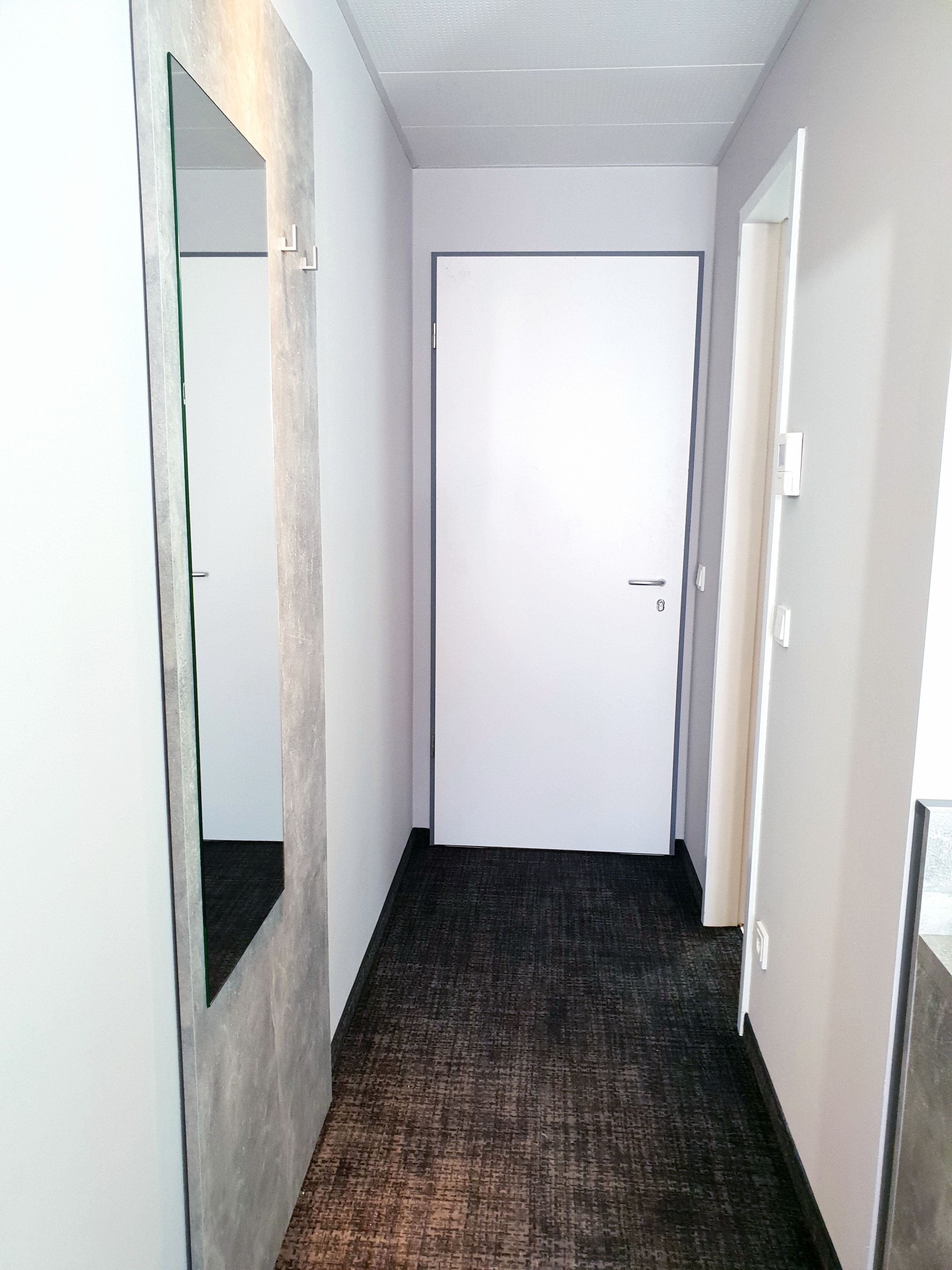Un couloir doté d’un sol recouvert de moquette, d’une porte blanche et d’un miroir sur le mur de gauche.