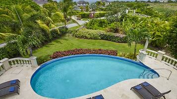 Outdoor pool, pool umbrellas, pool loungers