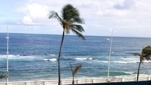 A view of the ocean with waves, palm trees, and a white fence. - Bahia Flat Studio (Salvador)