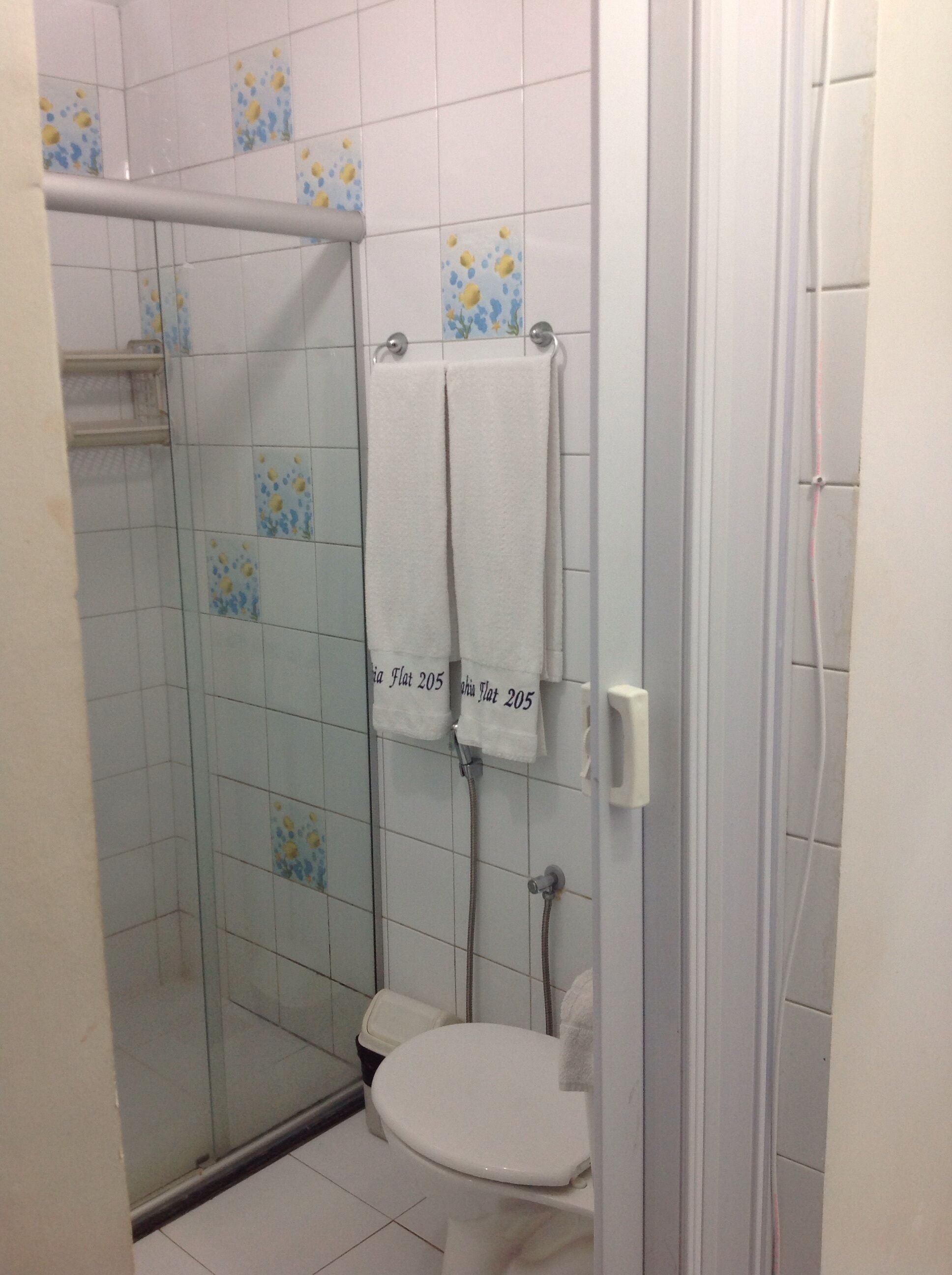 A bathroom with a glass shower enclosure, a toilet, and two towels hanging on a rack.