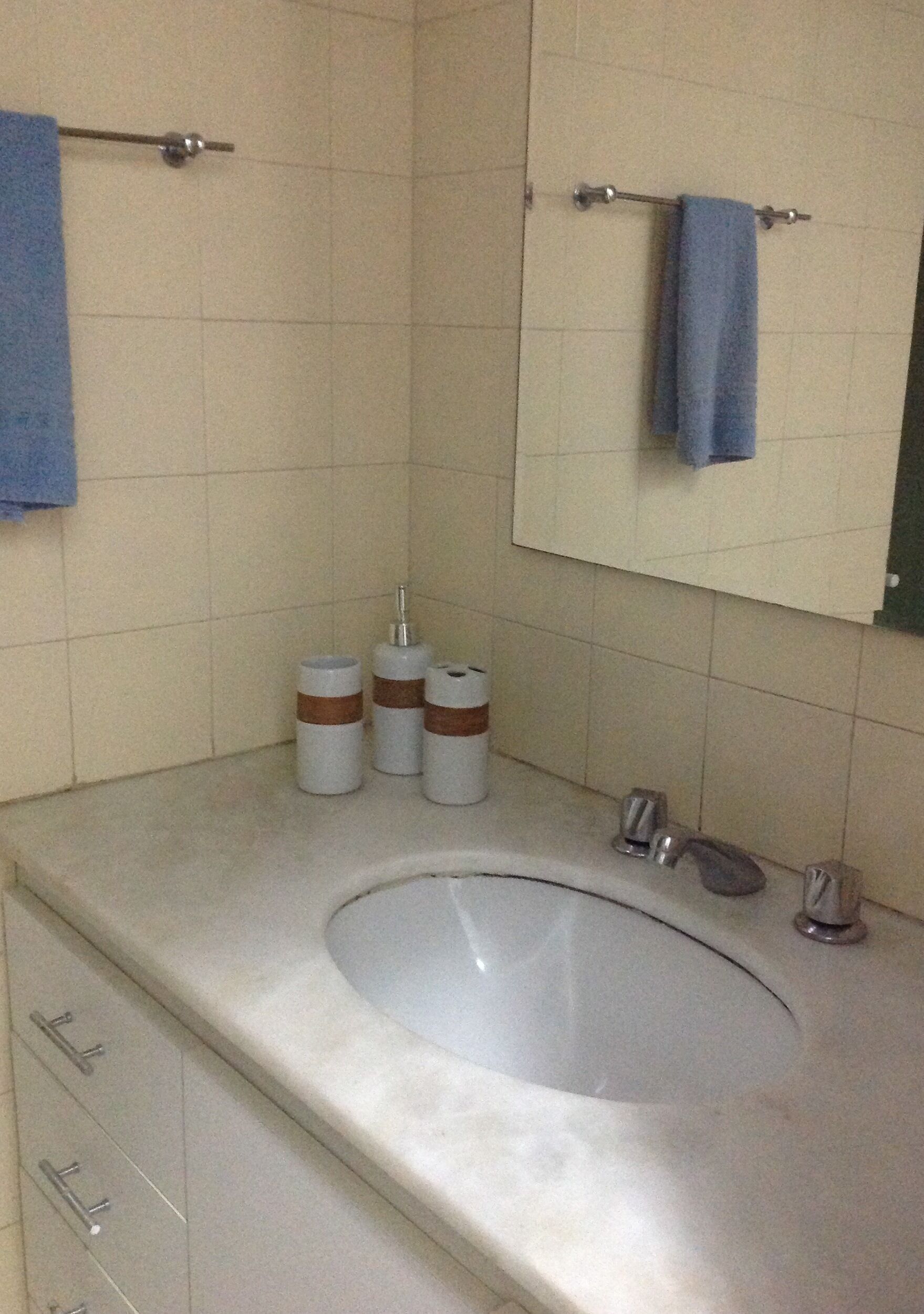 Une salle de bain équipée d’un lavabo, de deux porte-serviettes et de deux supports à papier toilette.