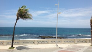 A coastal walkway with a palm tree, a street lamp, and a view of the ocean. - Bahia Flat Studio (Salvador)
