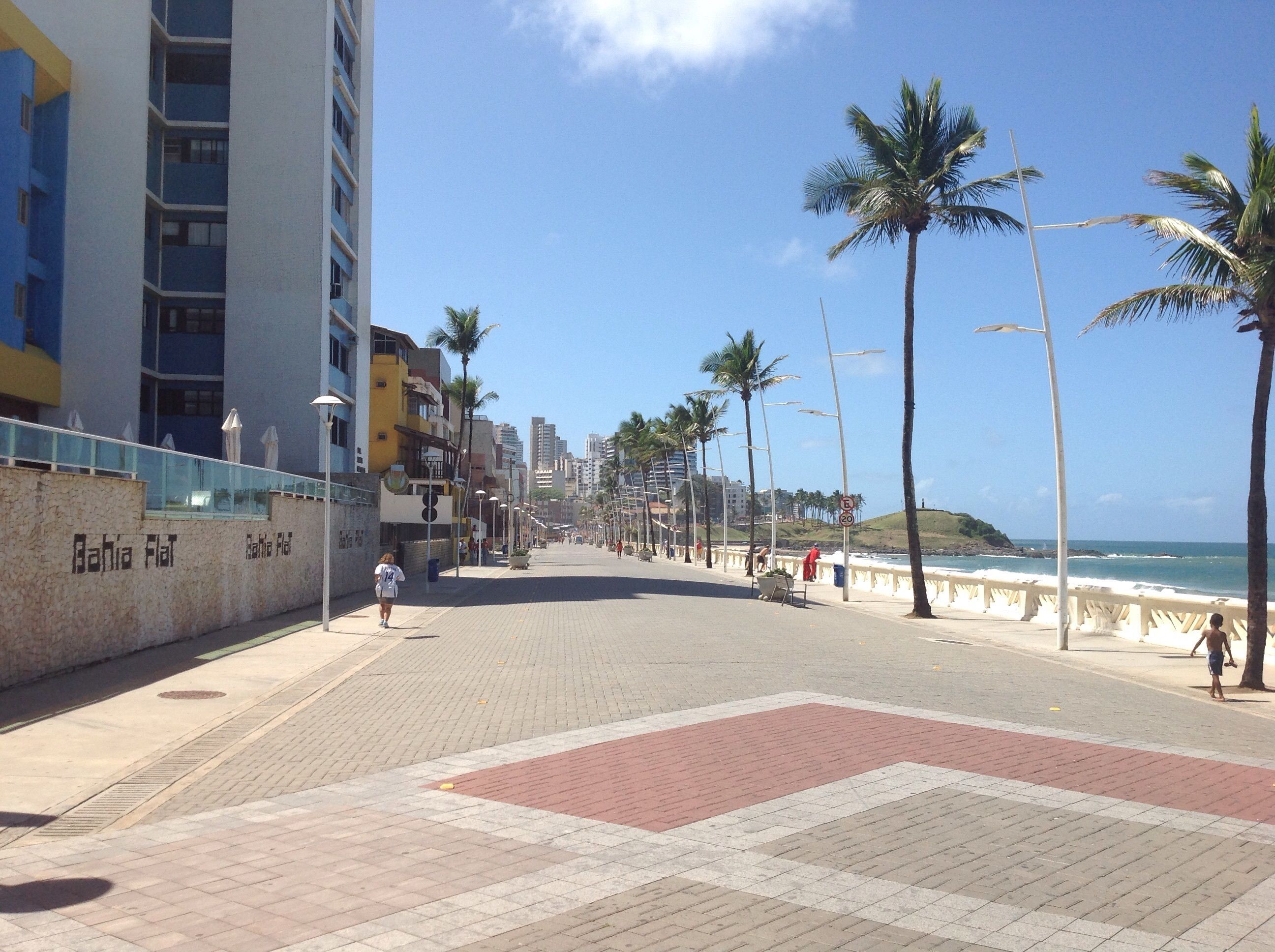 Un paseo marítimo costero con palmeras, una playa y edificios a lo largo.