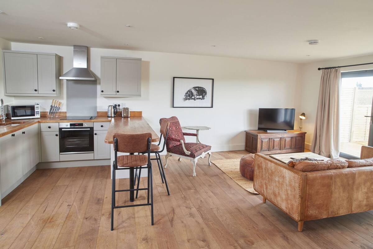 A modern kitchen with a dining area, a sofa, and a TV.