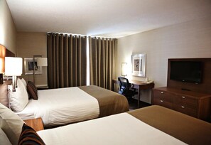 Desk, blackout drapes, soundproofing, iron/ironing board