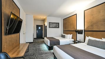 Premium bedding, blackout curtains, soundproofing, iron/ironing board