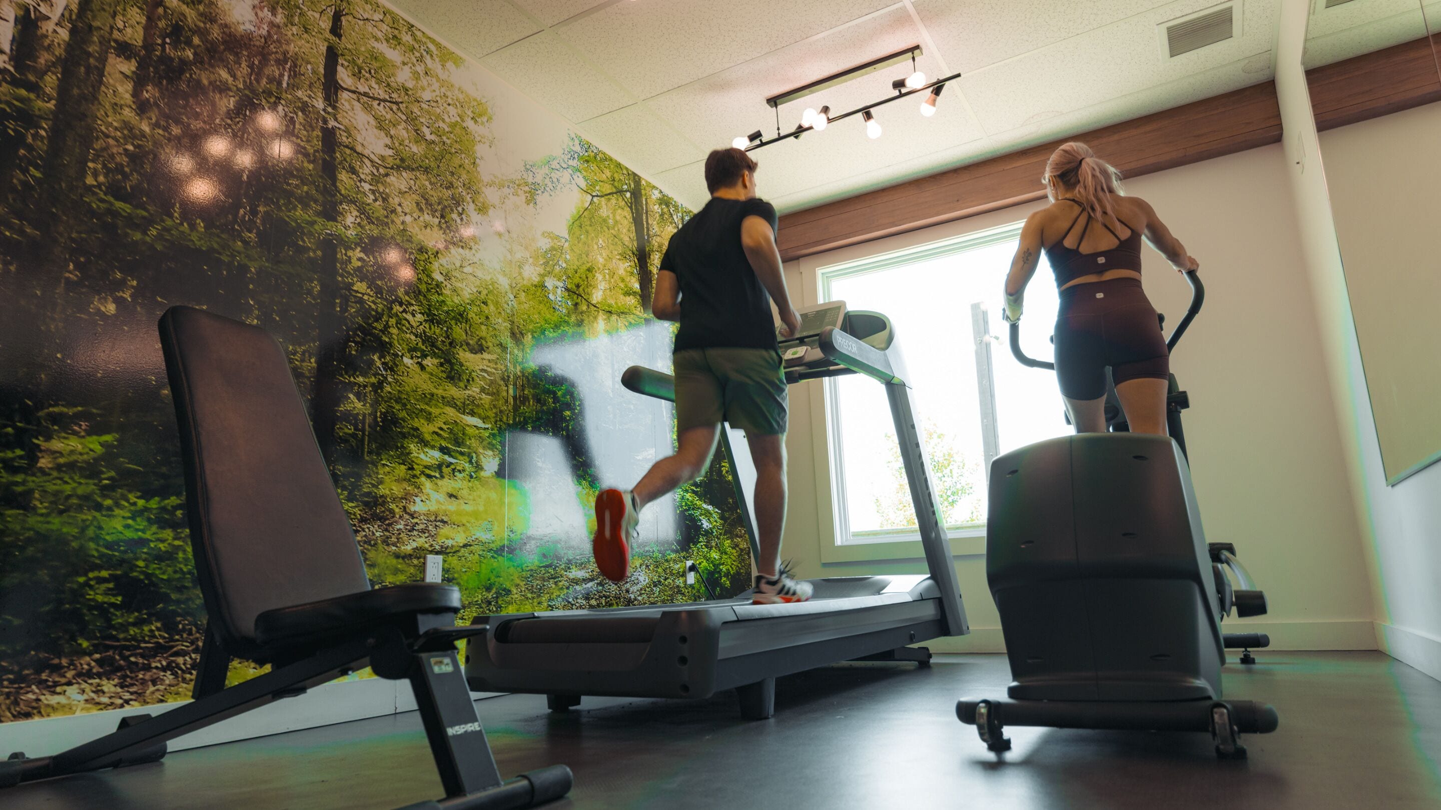 A gym with stationary bikes and a wall mural, a treadmill, and a mirror.