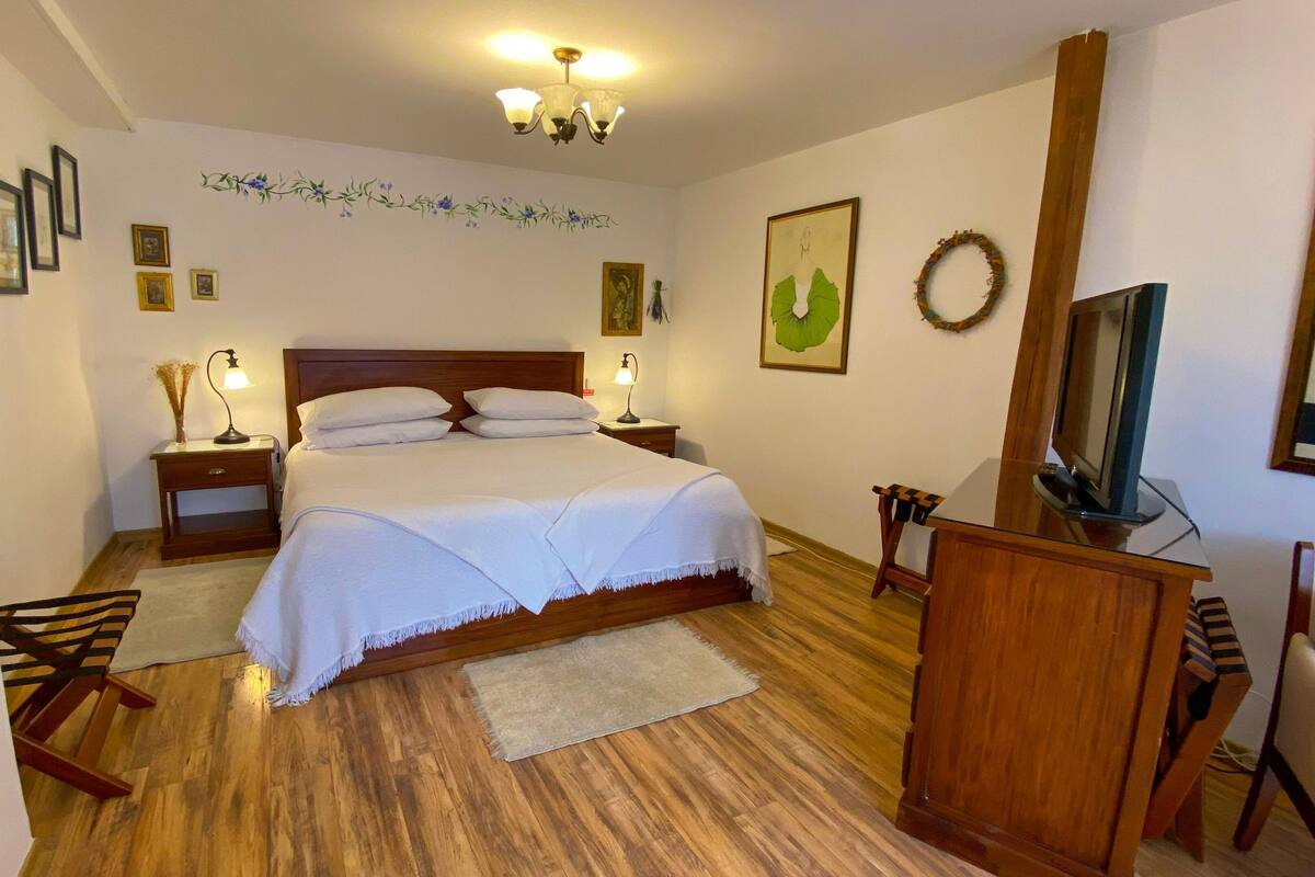 A bedroom with a large bed, wooden headboard, bedside tables with lamps, a TV, a mirror, and framed pictures on the walls.