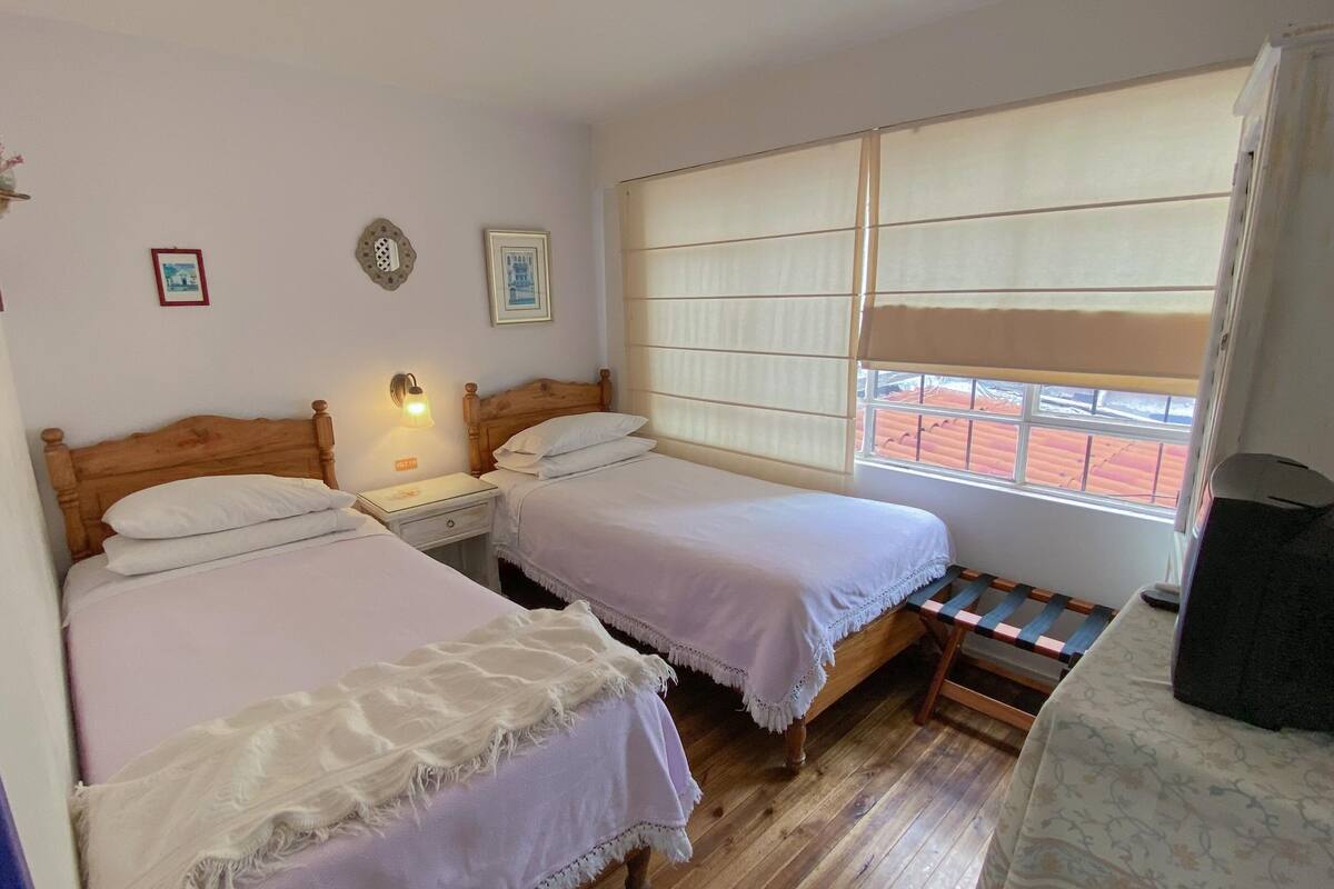 A room with two single beds, a nightstand with a lamp, a window with blinds, and a small table with a television.