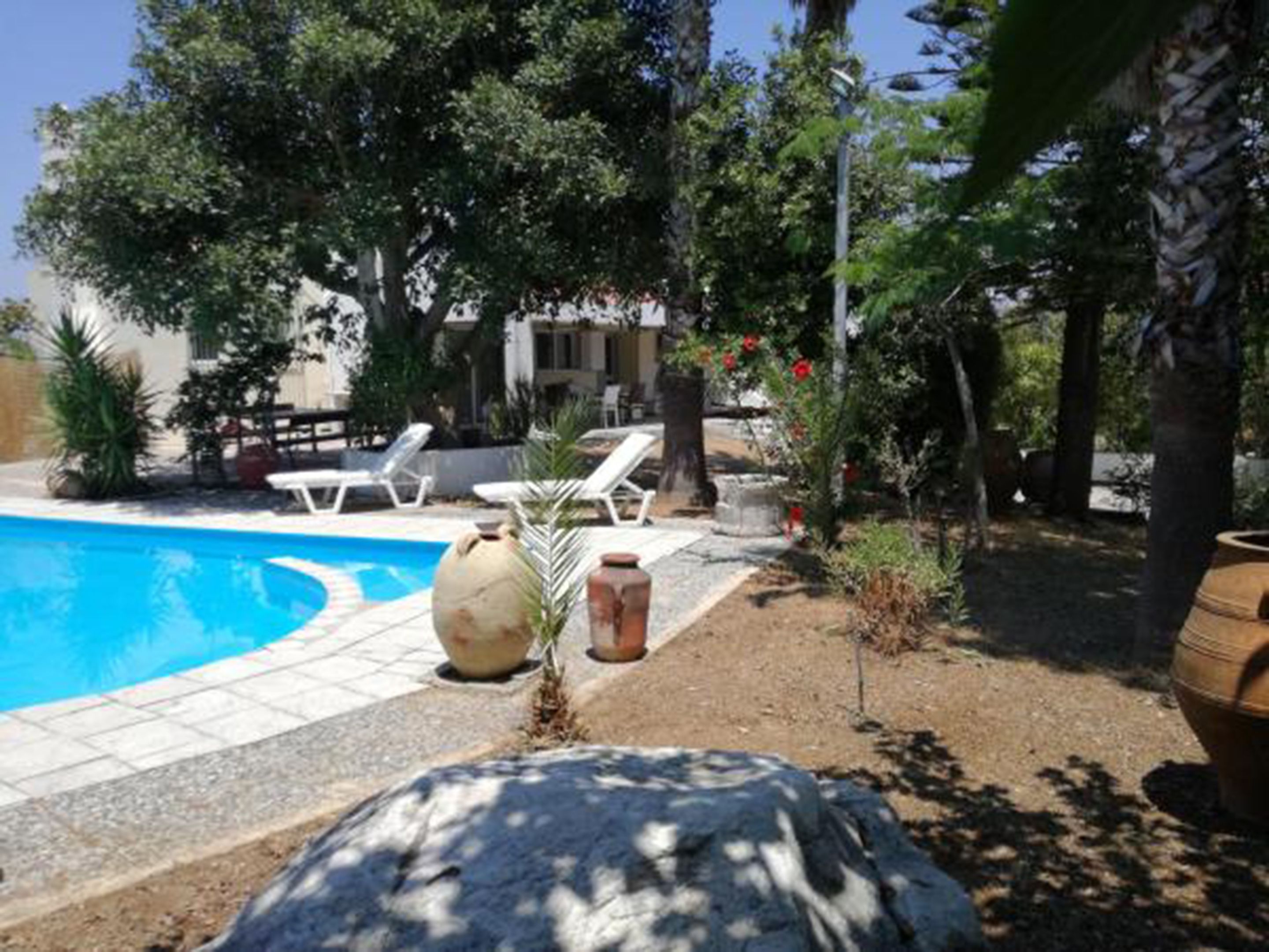 Une piscine avec des chaises longues, un grand rocher et des plantes en pot.