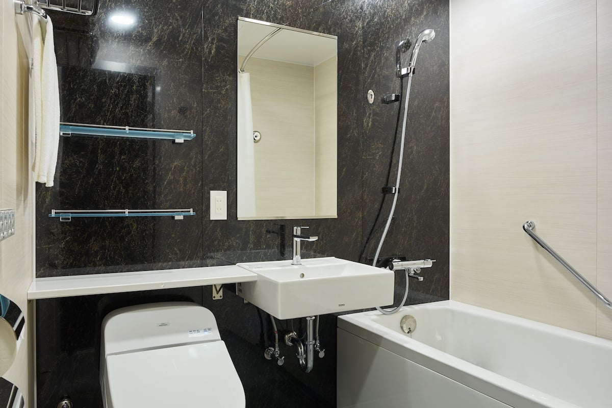 combined shower/bathtub, free toiletries, hair dryer, slippers