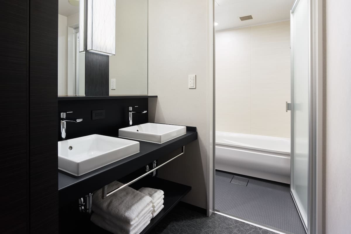 combined shower/bathtub, free toiletries, hair dryer, slippers