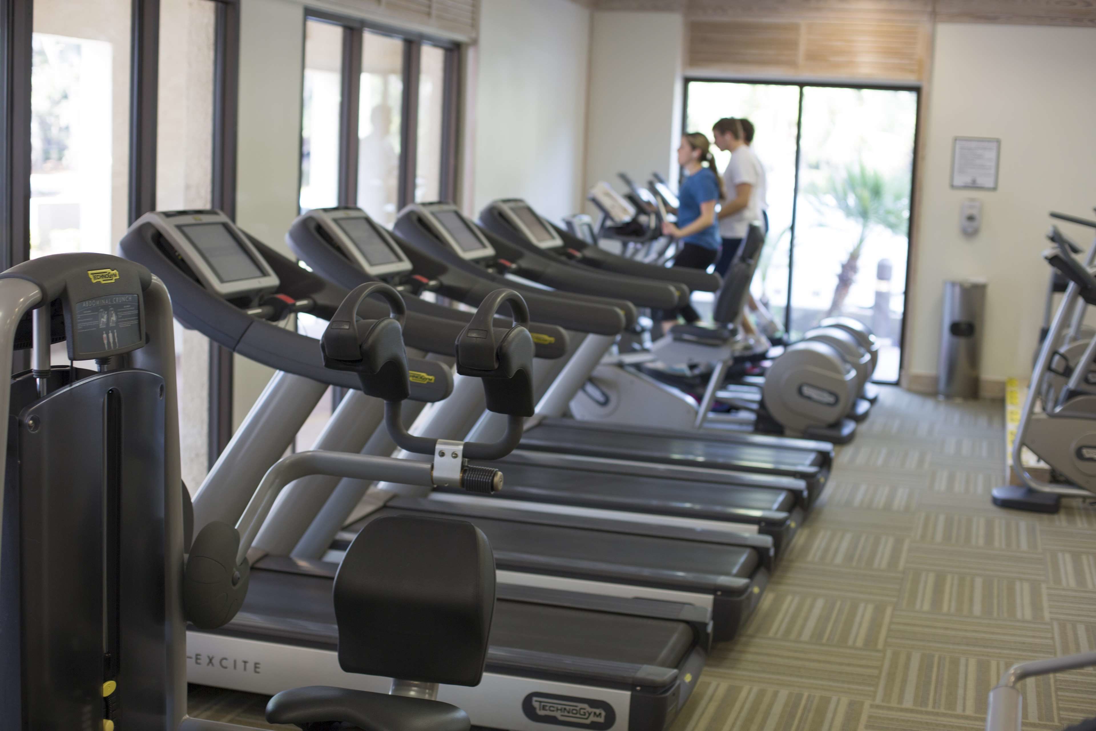 A row of treadmills in a gym with large windows and a patterned floor.