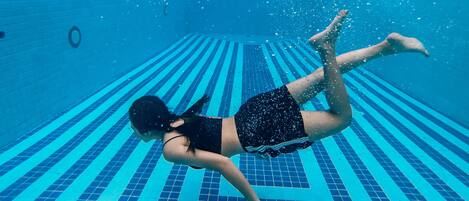 Outdoor pool, pool umbrellas, pool loungers