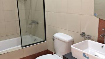 Un baño con ducha envuelta en vidrio, un inodoro blanco y un lavamanos con espejo.