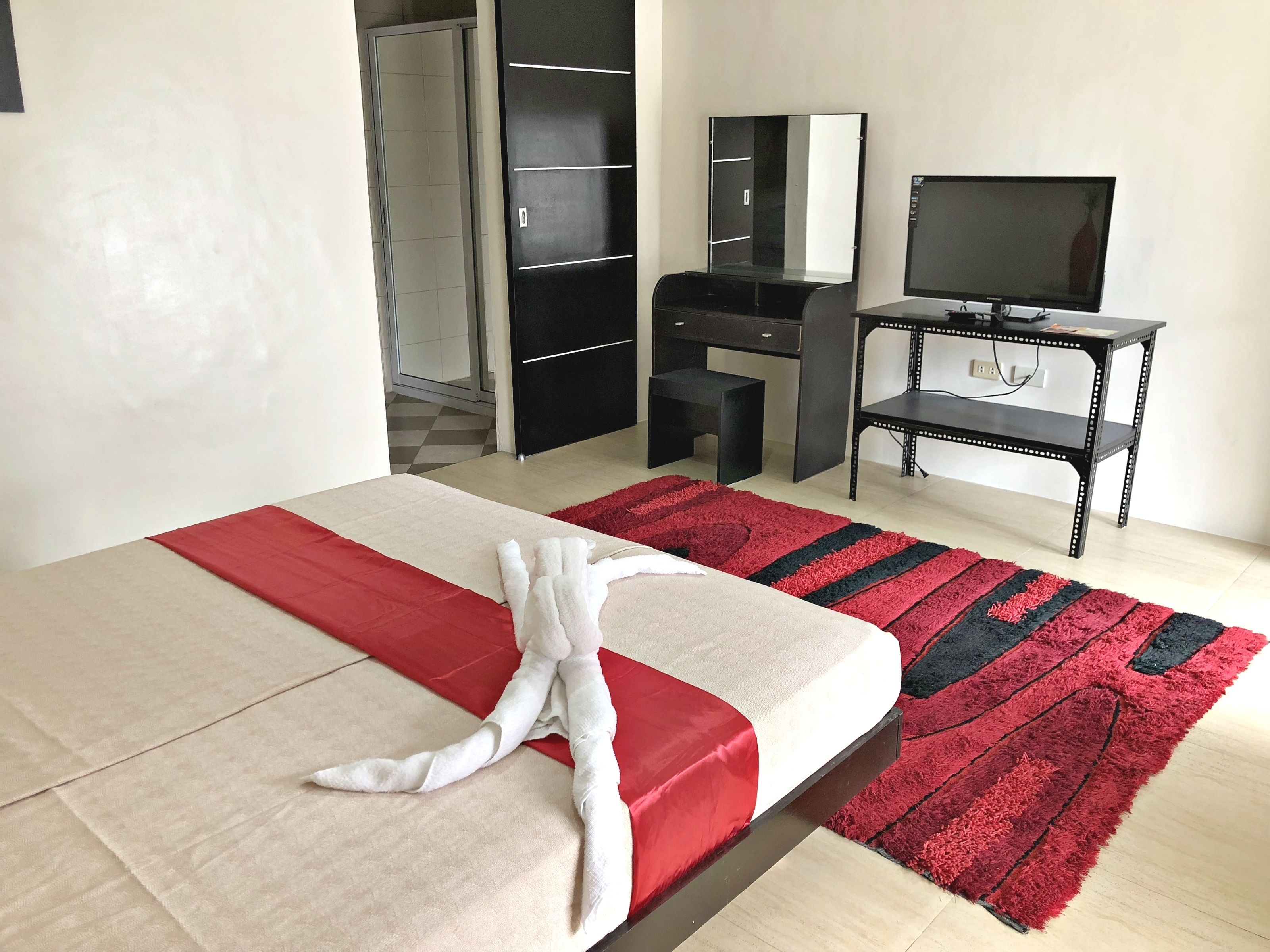Una habitación de hotel con cama, escritorio, televisor y armario.