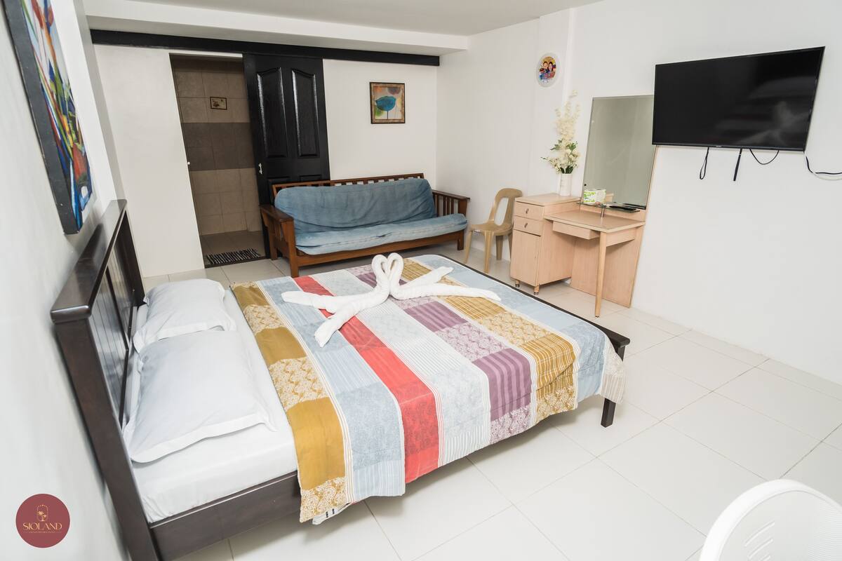 A neatly arranged bedroom with a bed, a sofa, a desk, and a TV.