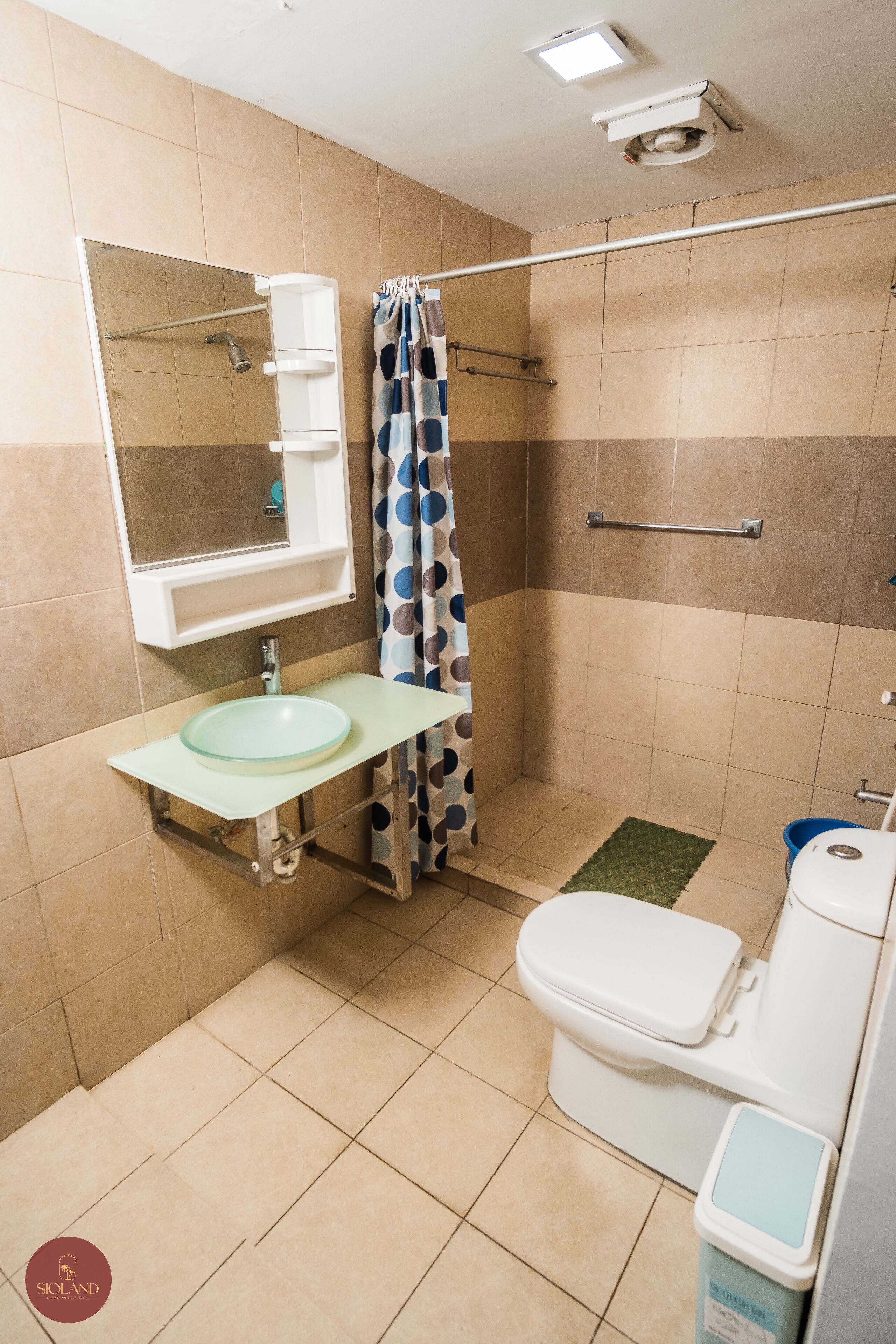 A bathroom with a glass sink, a toilet, a shower with a curtain, and a small rug.
