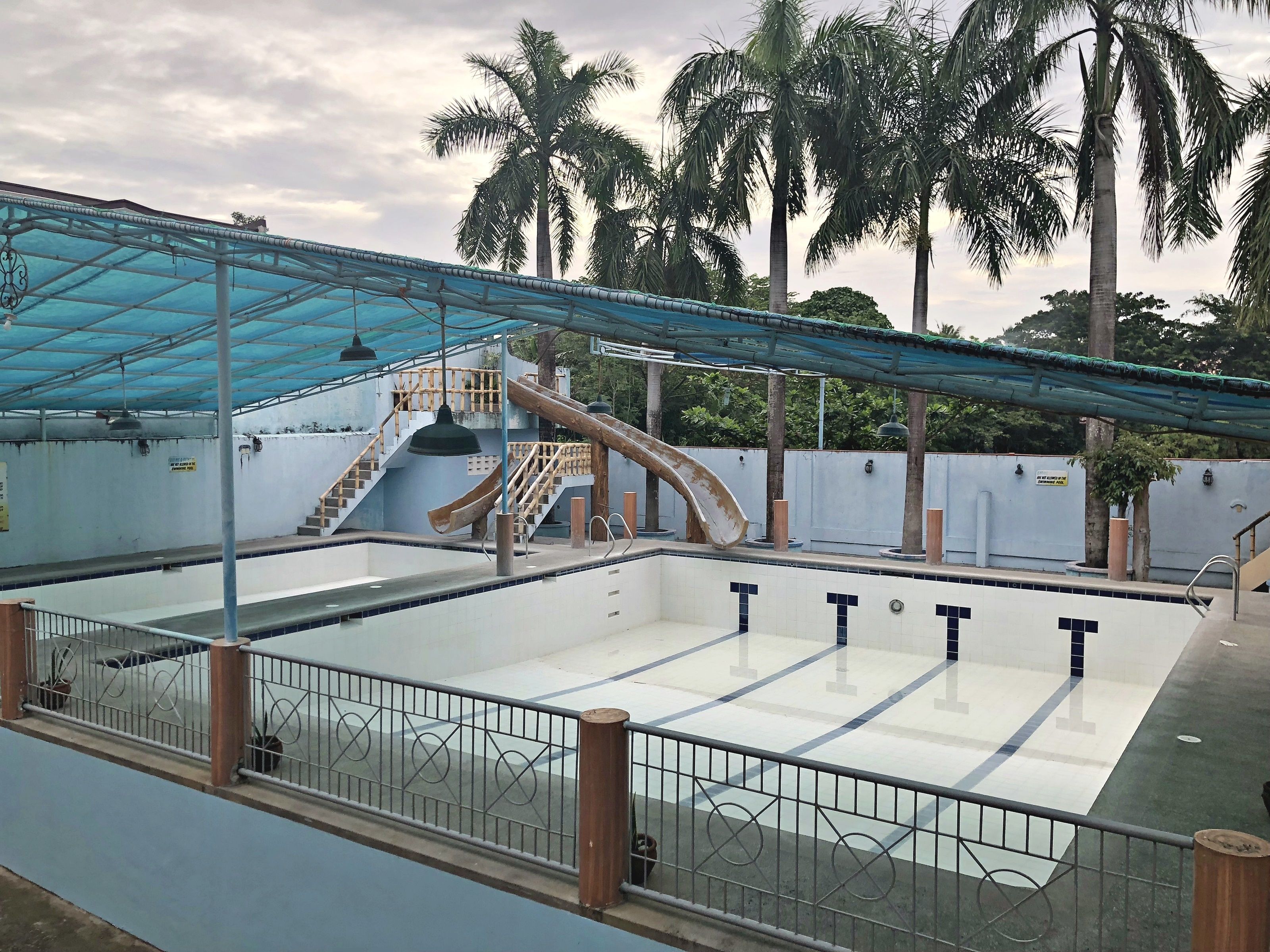 Una piscina con tobogán y escaleras, rodeada de palmeras.