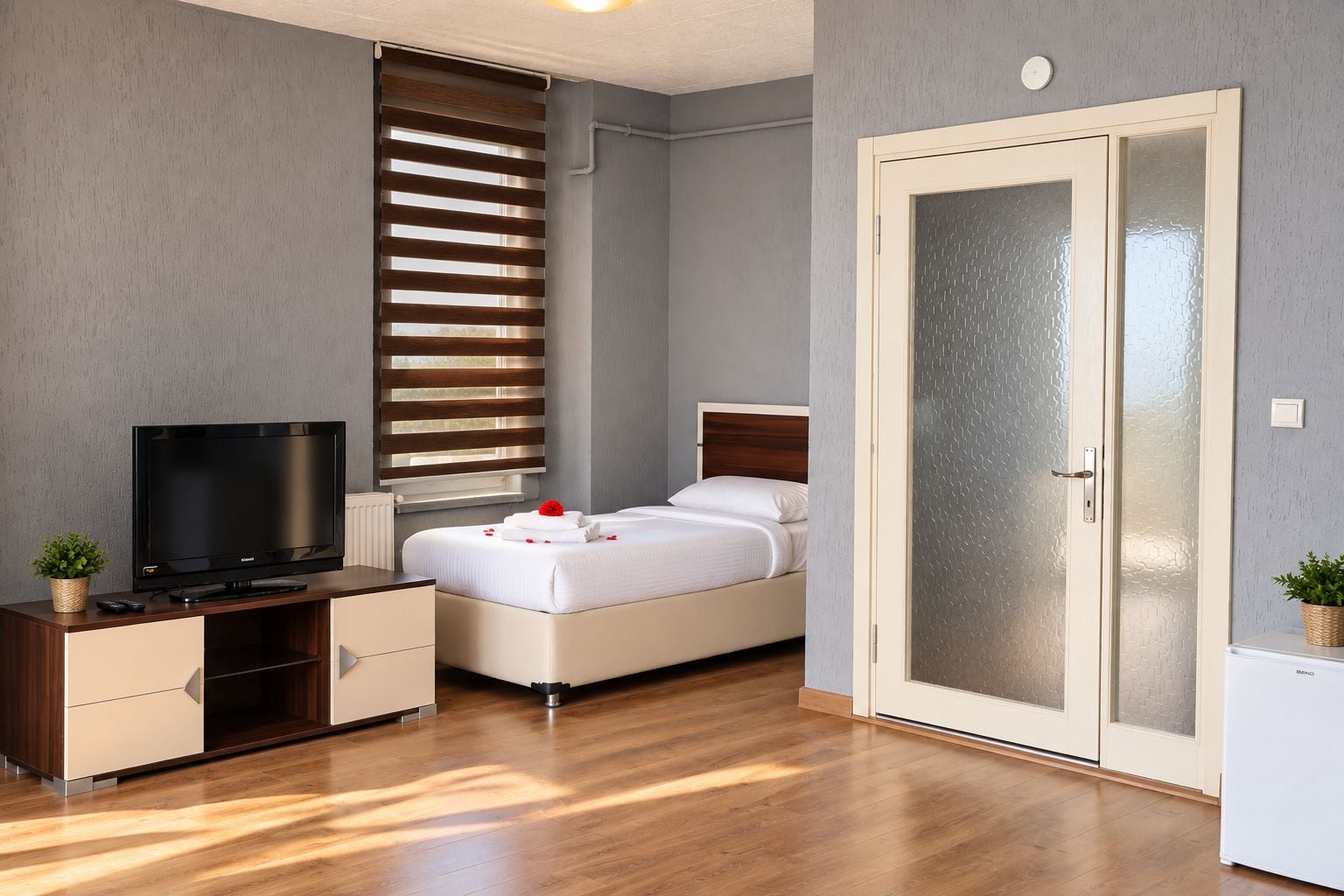 A hotel room with a bed, a television, a wardrobe, and a door with frosted glass.