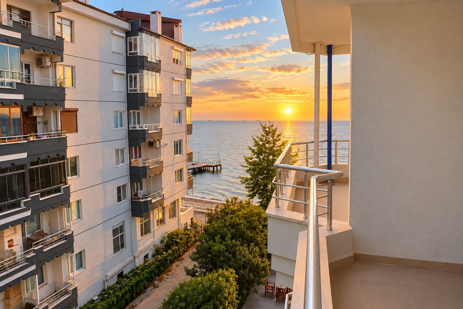 A multi-story residential building with balconies overlooking a body of water during sunset.