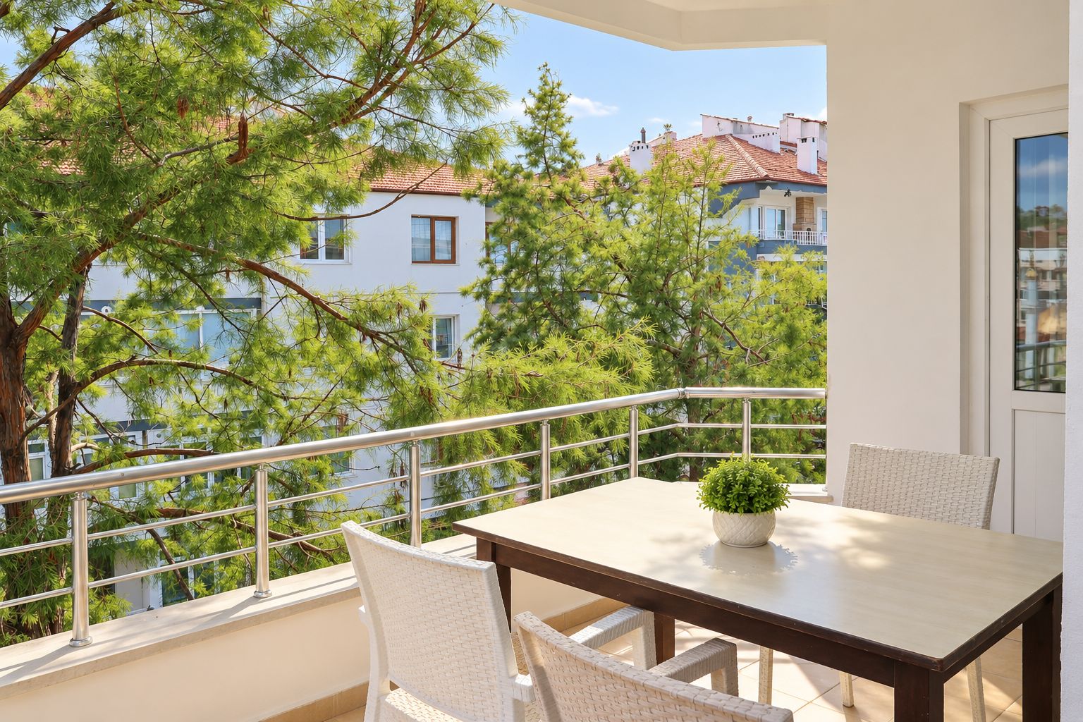 Ein Balkon mit Tisch und Stühlen, einer Topfpflanze und Blick auf Gebäude und Bäume.