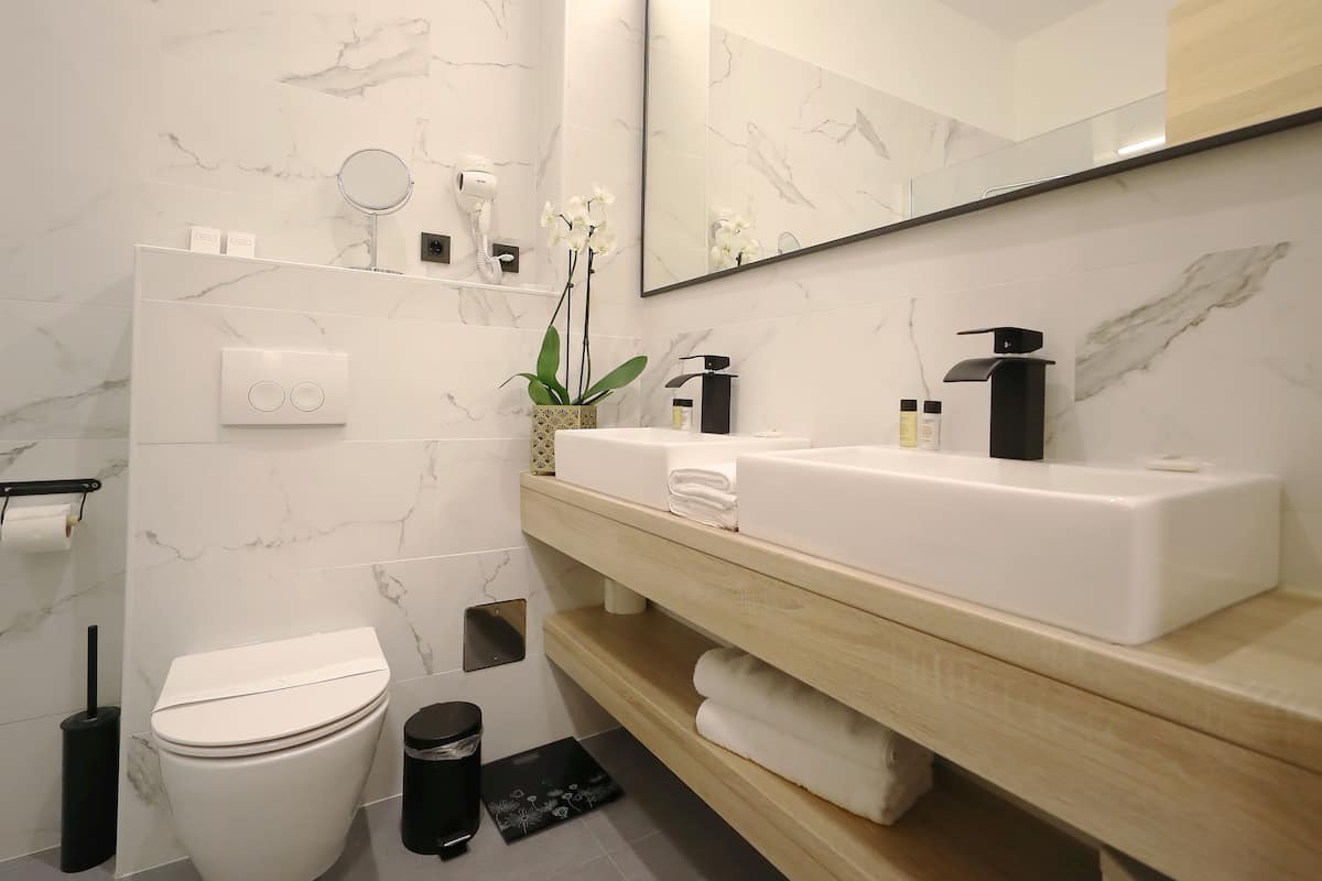 deluxe double room | bathroom | shower, free toiletries, hair dryer, bathrobes